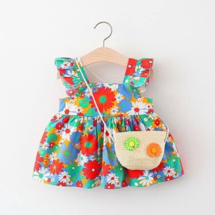 Flowered cotton gown with bag